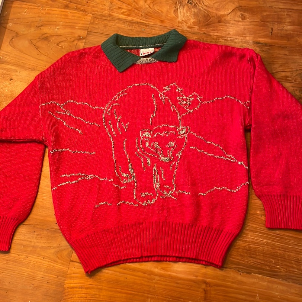 Vintage knit sweater with collar. Red & Green. Size S